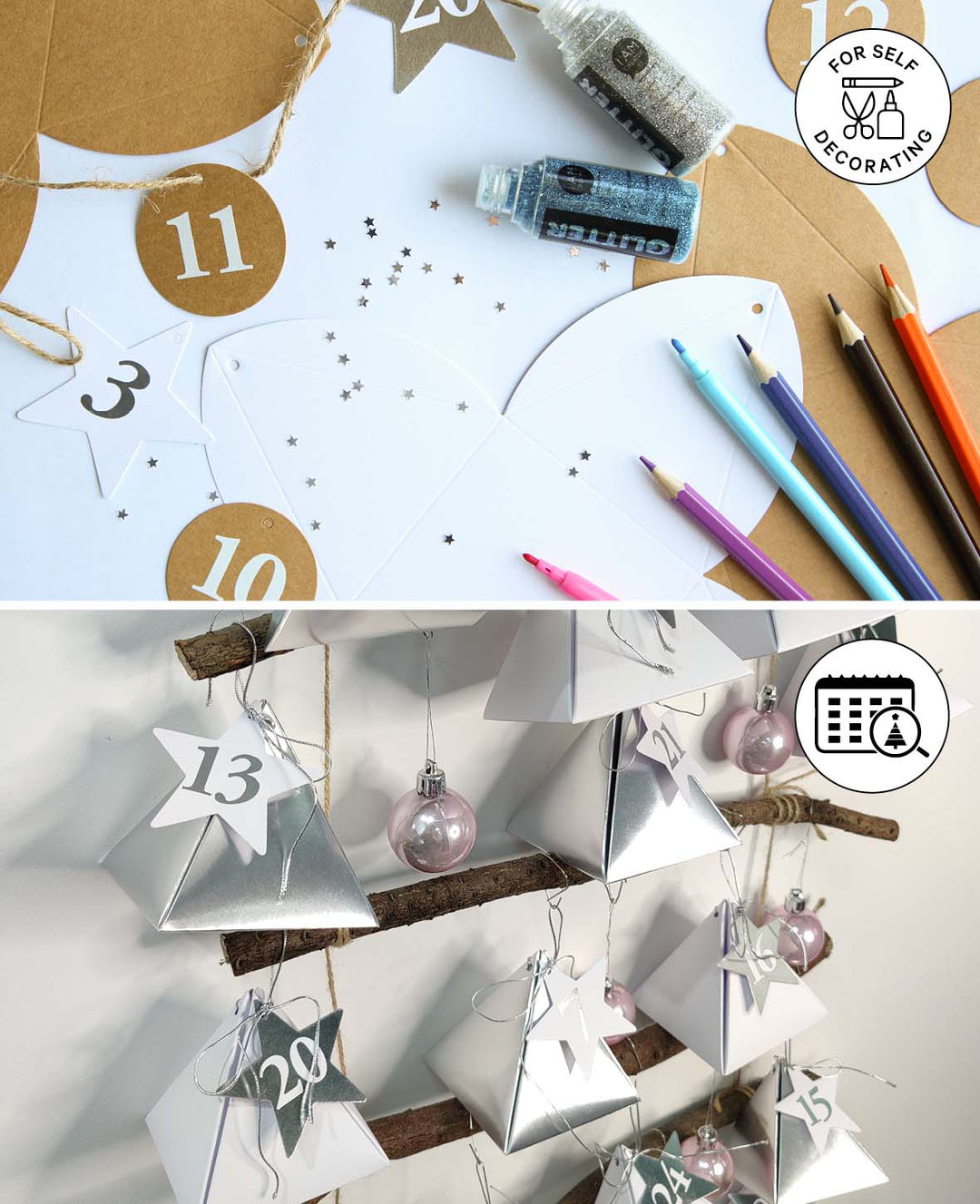Adventskalender-Boxen 8x8x8 cm mit Kreisförmigen Zahlenanhänger und Schnur, Adventskalender zum Befüllen in dreieckigen Papierboxen, braun, 49tlg.