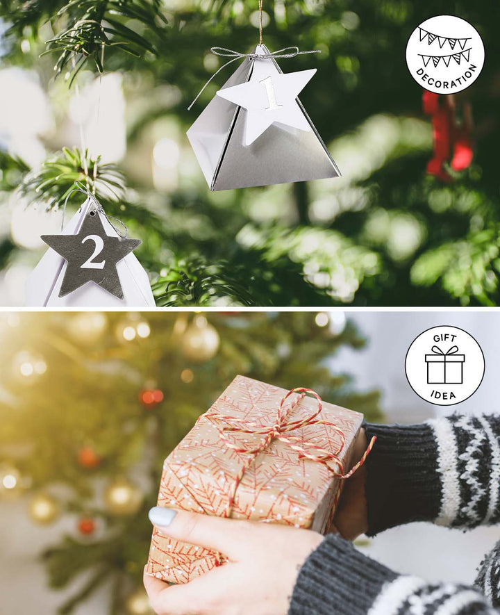 Adventskalender-Boxen 8x8x8 cm mit Kreisförmigen Zahlenanhänger und Schnur, Adventskalender zum Befüllen in dreieckigen Papierboxen, braun, 49tlg.