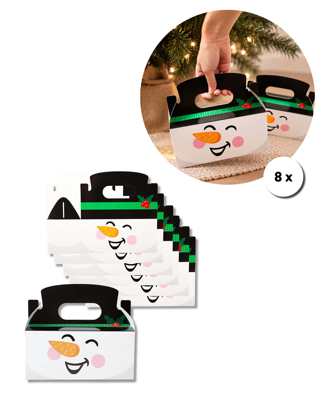 Weihnachtsgeschenkbox mit Henkel, Schneemann, Weiss, Karton