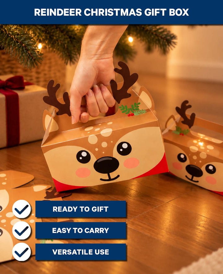 Weihnachtsgeschenkbox mit Henkel, Rentier, Braun, Karton