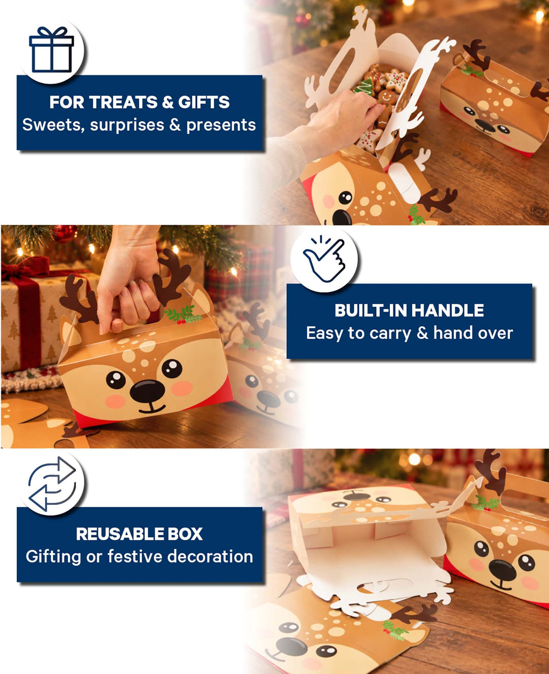Weihnachtsgeschenkbox mit Henkel, Rentier, Braun, Karton