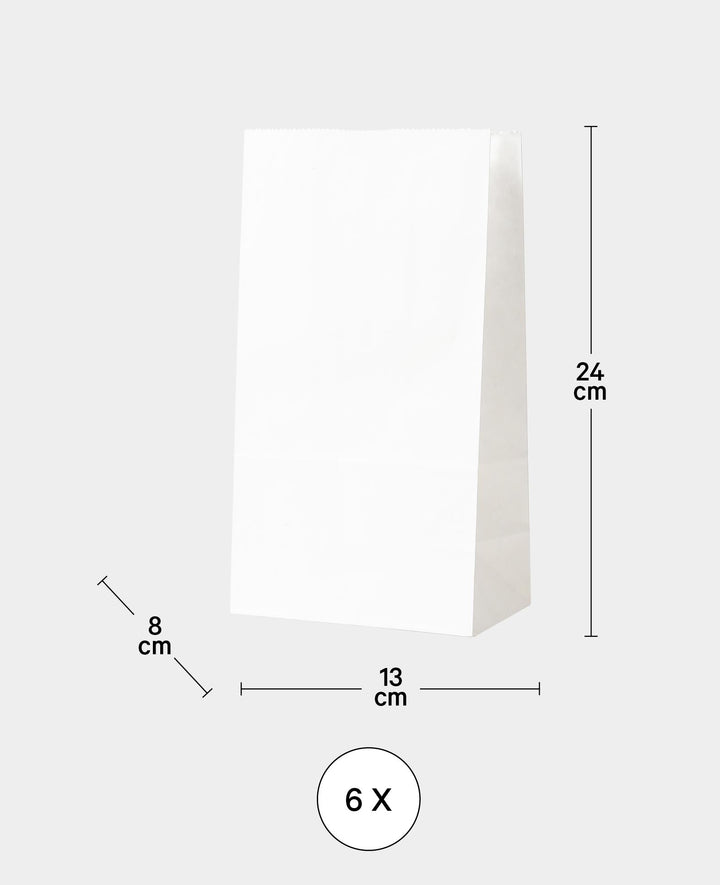 Papierbeutel, 13 x 24 x 8 cm, Weiss, 6 Stk.