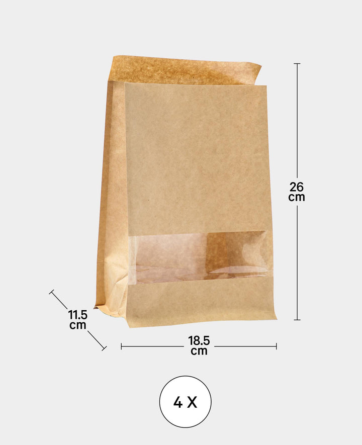 Paper bags, 18.5 x 26 x 11.5 cm, paper bags with window, brown, 4 pcs.