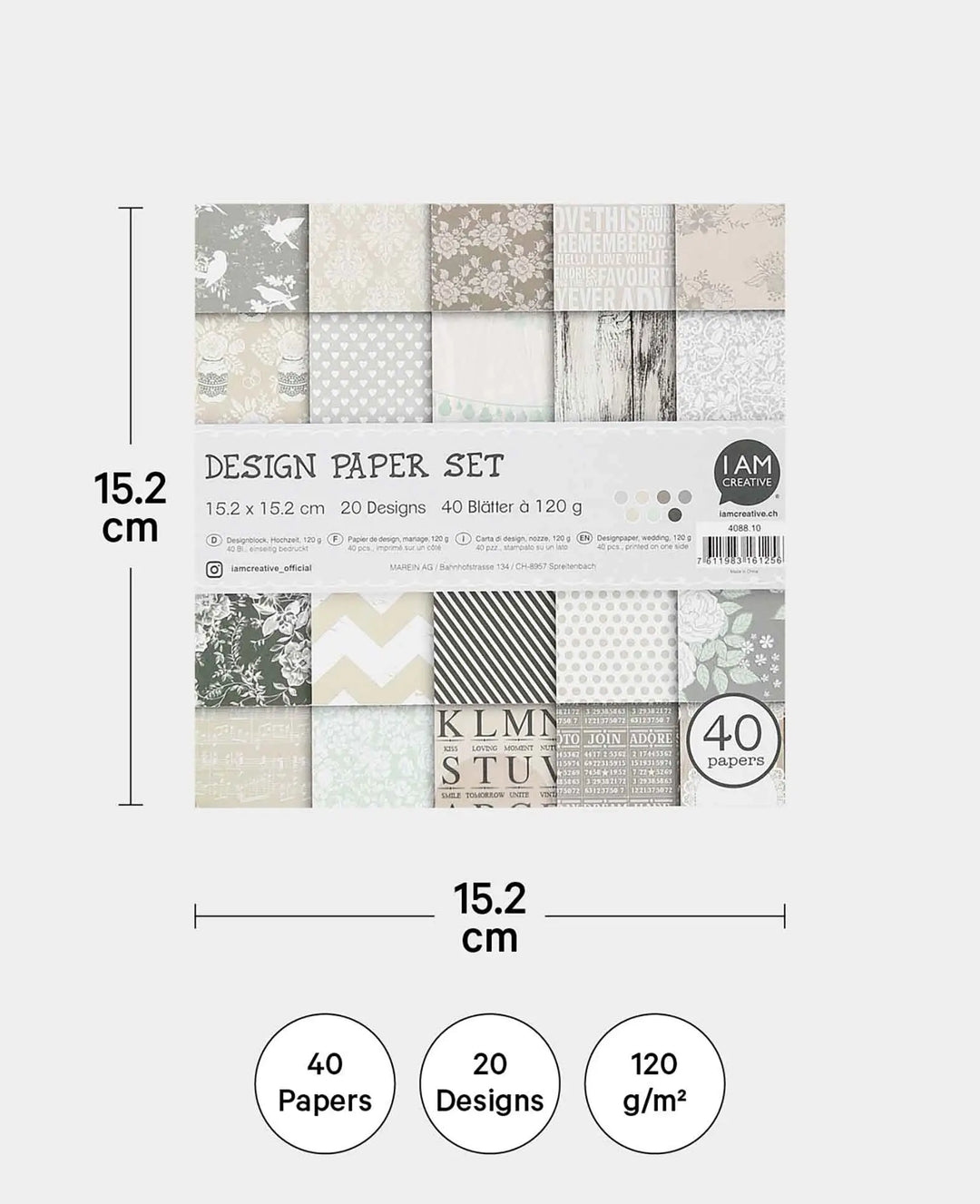 Wedding Design Paper Set, Paper Pad with Single-Sided Printed Sheets in 20 Different Designs, 15.2 x 15.2 cm, 120 gsm, 40 Sheets