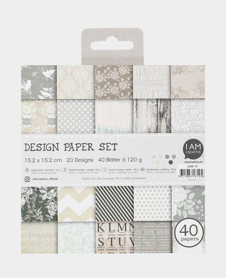 Wedding Design Paper Set, Paper Pad with Single-Sided Printed Sheets in 20 Different Designs, 15.2 x 15.2 cm, 120 gsm, 40 Sheets