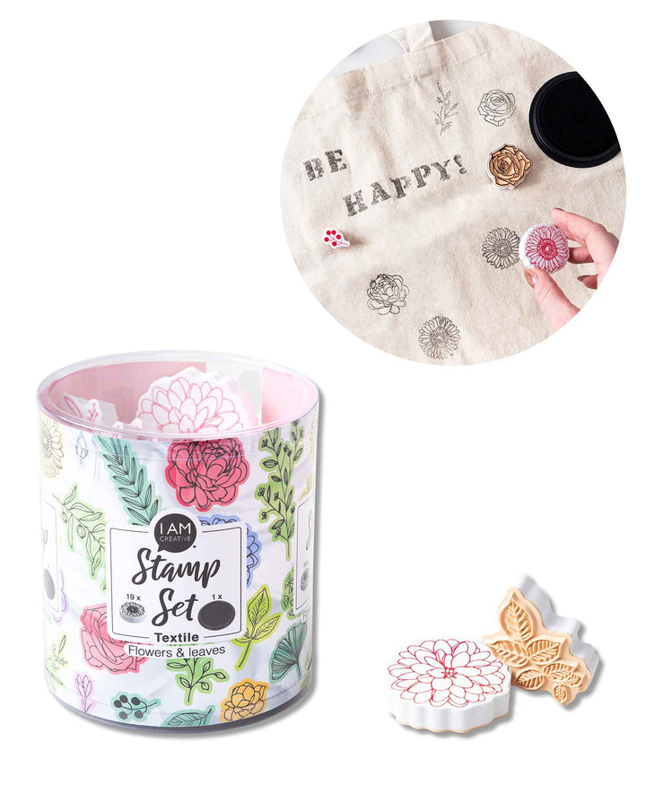 Set de tampons textiles Fleurs &amp; Feuilles, avec encrier, 20 pièces
