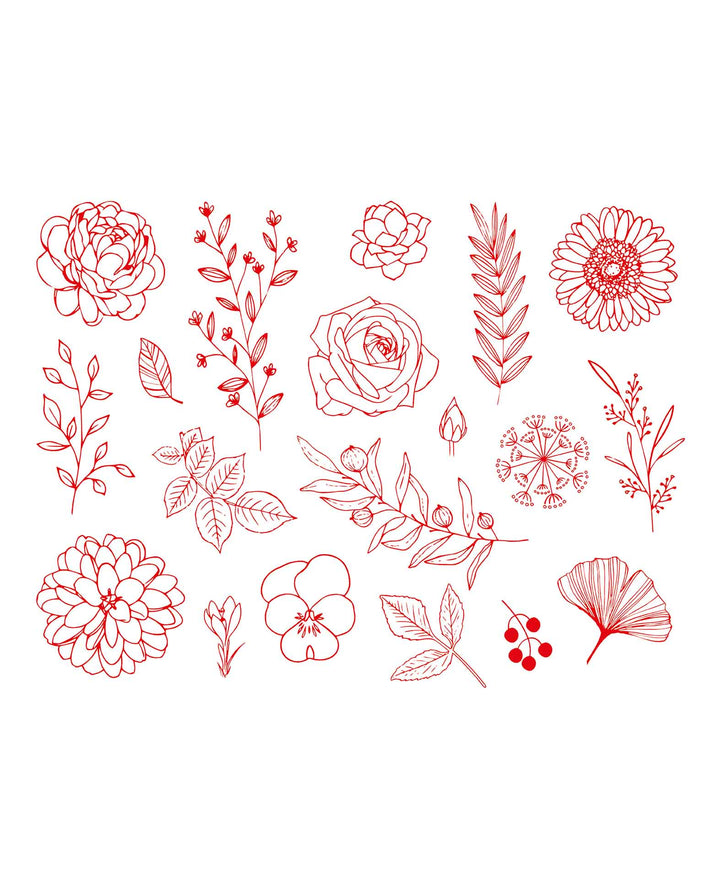 Set de tampons textiles Fleurs &amp; Feuilles, avec encrier, 20 pièces