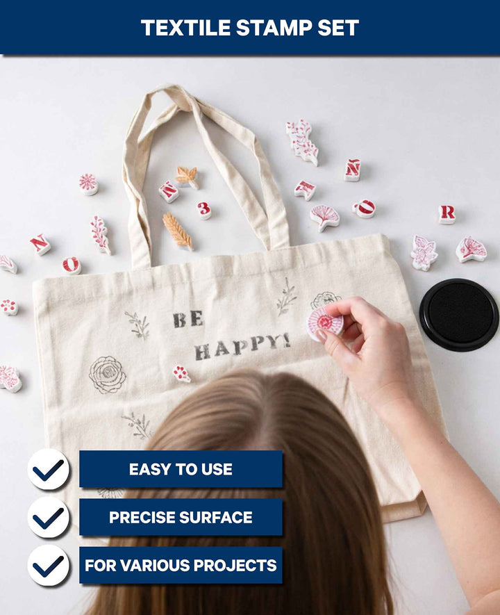 Set de tampons textiles Fleurs &amp; Feuilles, avec encrier, 20 pièces