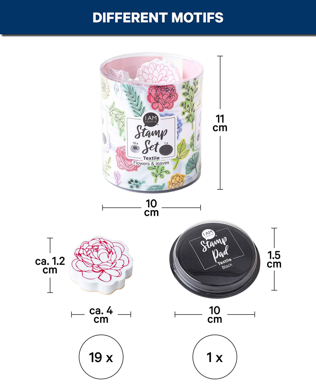 Set de tampons textiles Fleurs &amp; Feuilles, avec encrier, 20 pièces