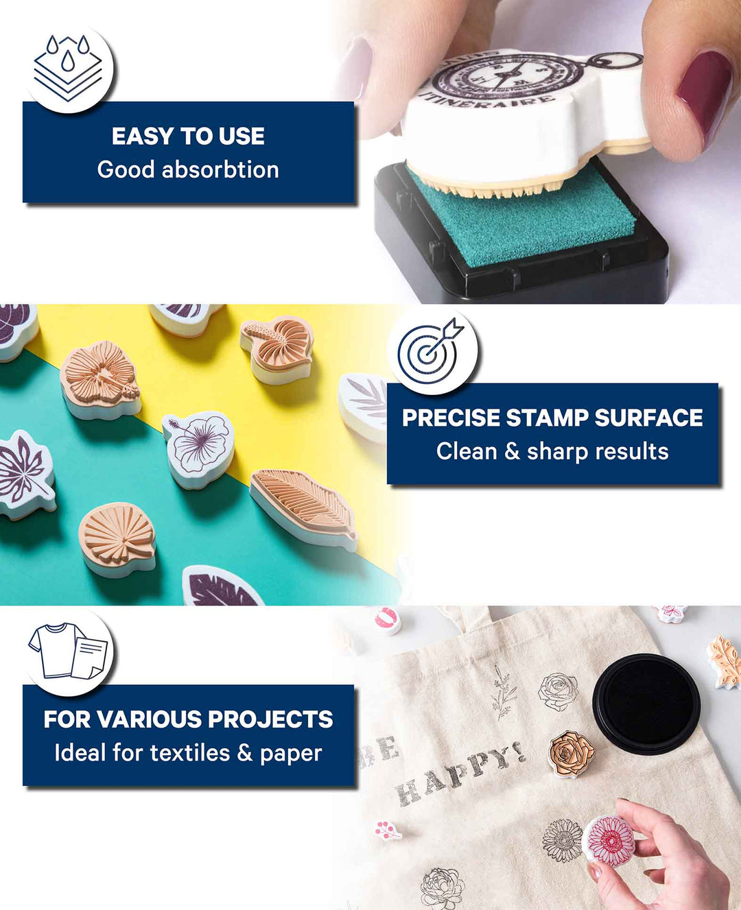 Set de tampons textiles Fleurs &amp; Feuilles, avec encrier, 20 pièces