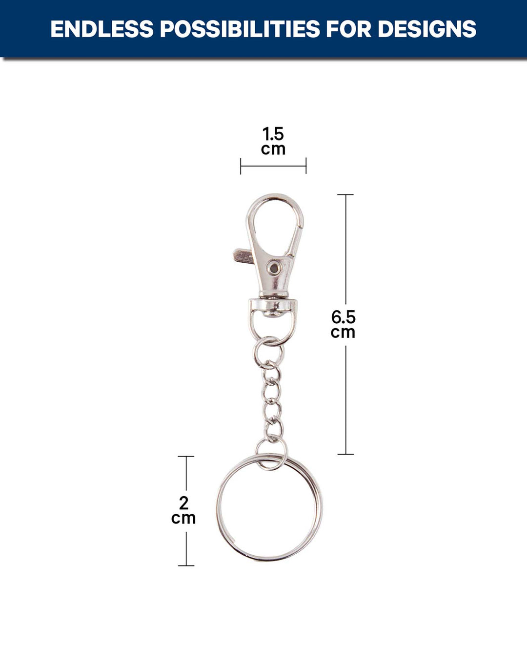 Keychains with carabiner, metal silver, 25 mm, 10 pieces