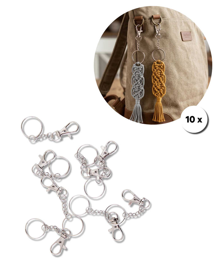Keychains with carabiner, metal silver, 25 mm, 10 pieces