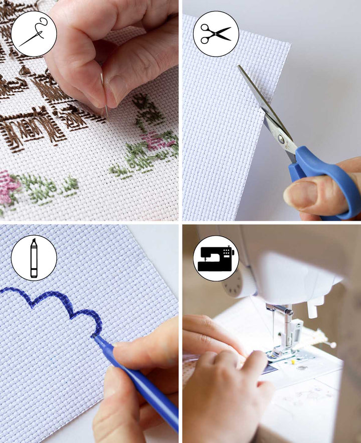 Fabric for embroidery, 35 x 35 cm, 11ct, polyester count fabric for embroidery with colorful threads, White