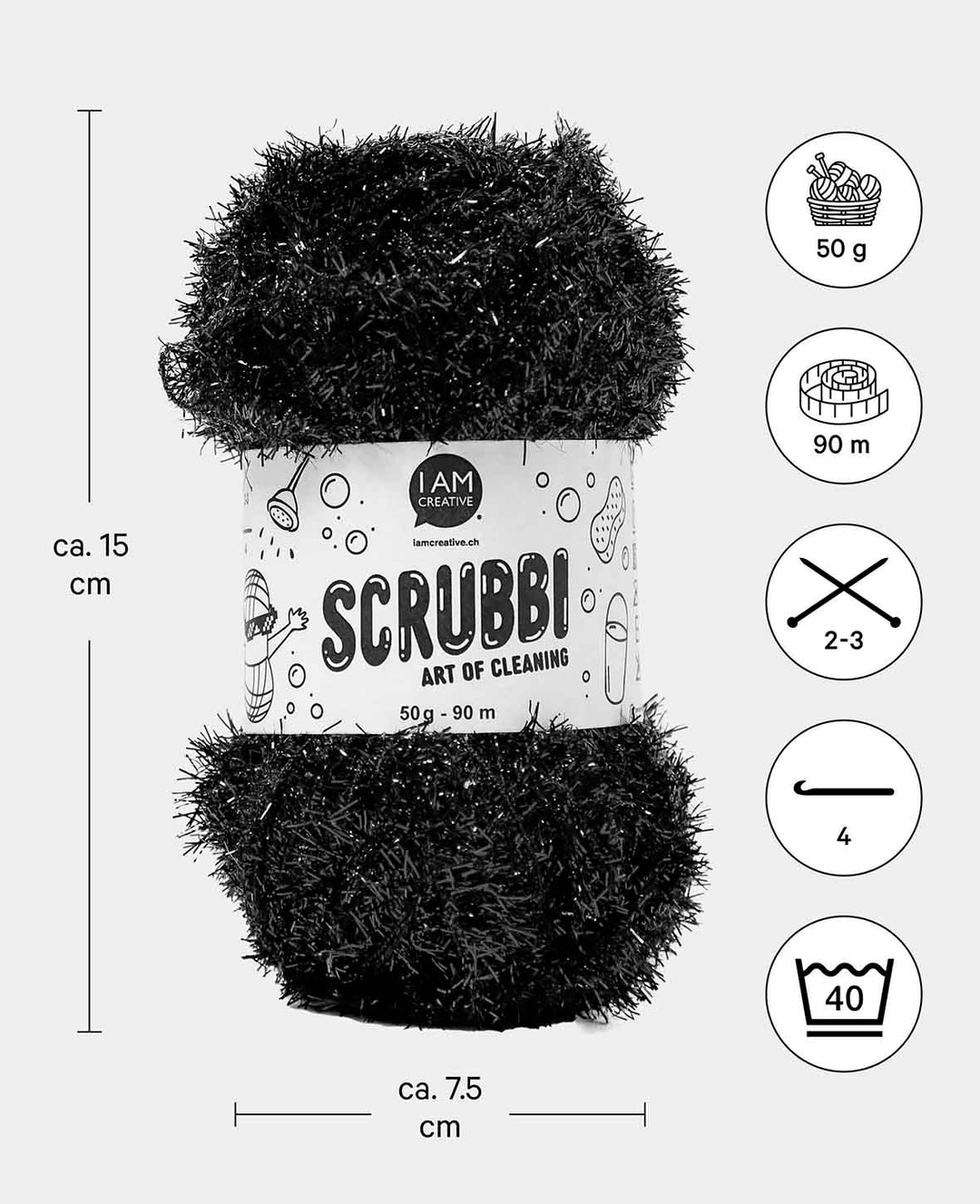 Scrubbi, Garn zum Häkeln &amp; Stricken von Spülschwämmen, schwarz, 50 g, 90 m