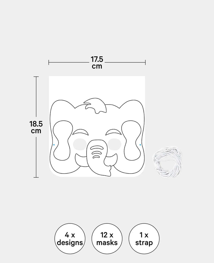 Maskenset Tiere, Kindermasken aus Pappe mit Gummiband, Weiss, ca. 18 x 19 cm, 12 Stk.