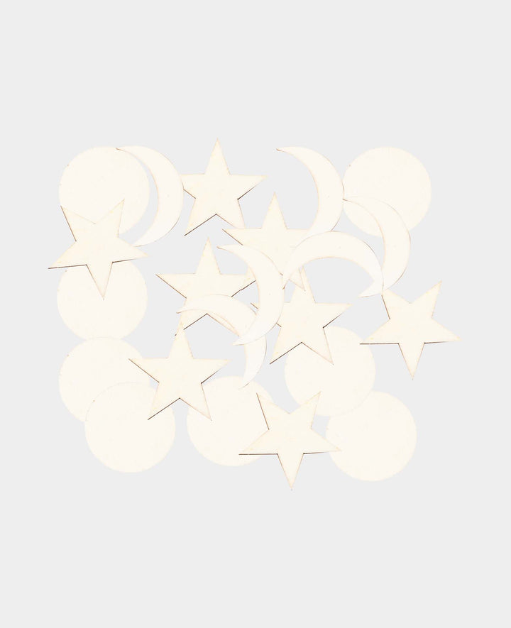 Scatter pieces, moon, star, round, mixed wood, FSC-certified, approx. 50 mm, 50 pcs.