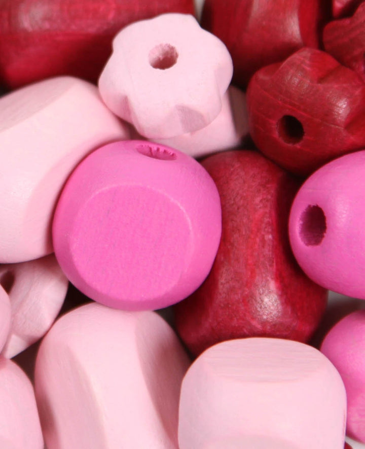 Mélange de perles en bois, hêtre, nuances de rose, 13–15 mm, perçage env. 3, env. 26 g