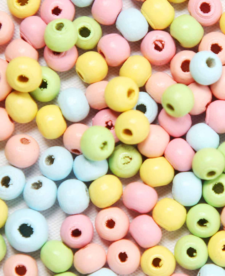 Wooden Bead Mix, 6 mm diameter, with 2 mm bore, pastel colours, 125 pcs.