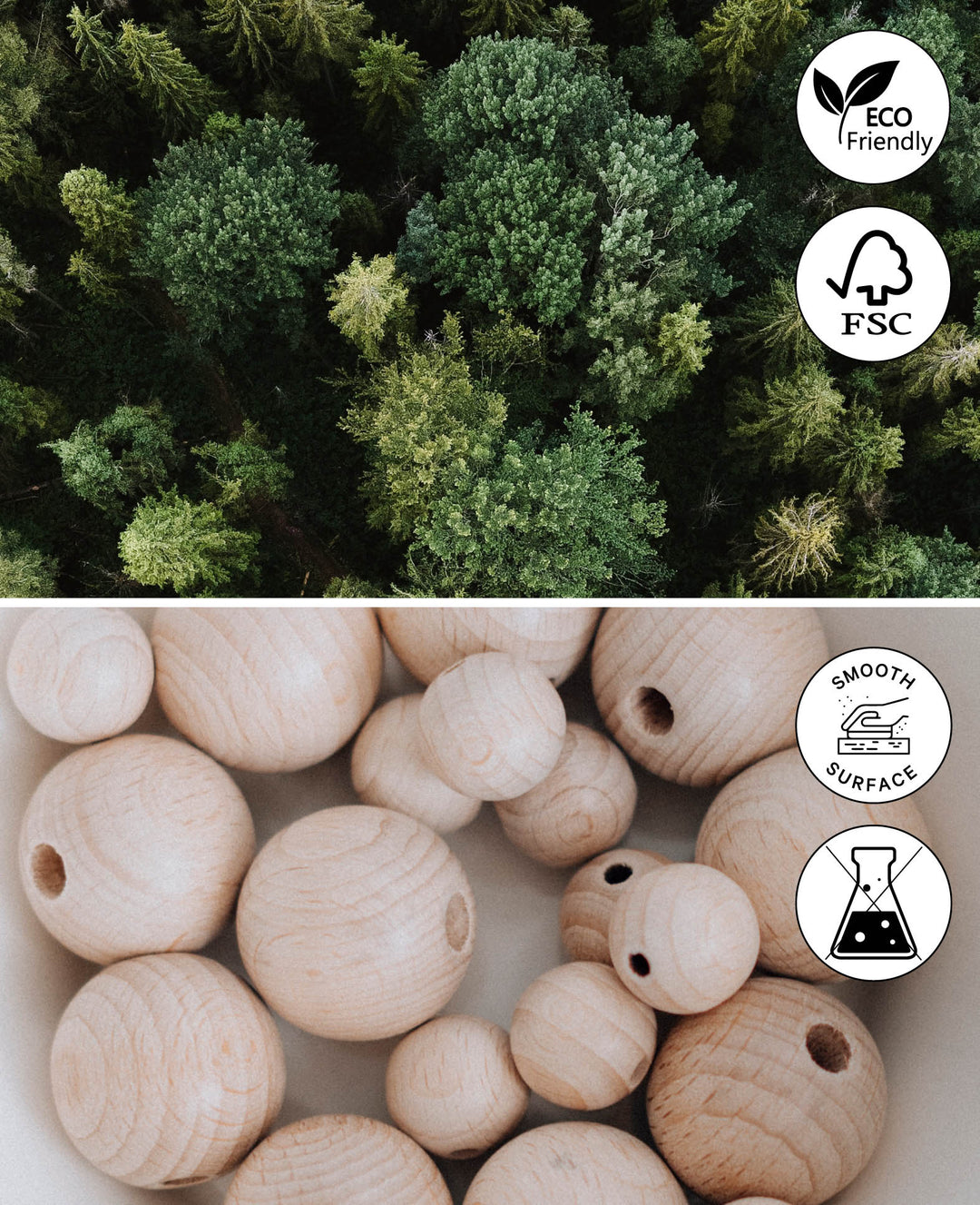 Billes en bois brut Ø 18 mm, avec perçage Ø 4 mm, naturel, 10 p.