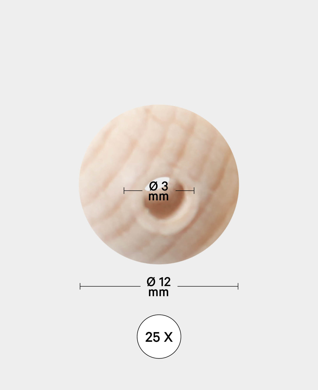 Boules en bois brut Ø 12 mm, avec trou Ø 3 mm, naturel, 25 p.