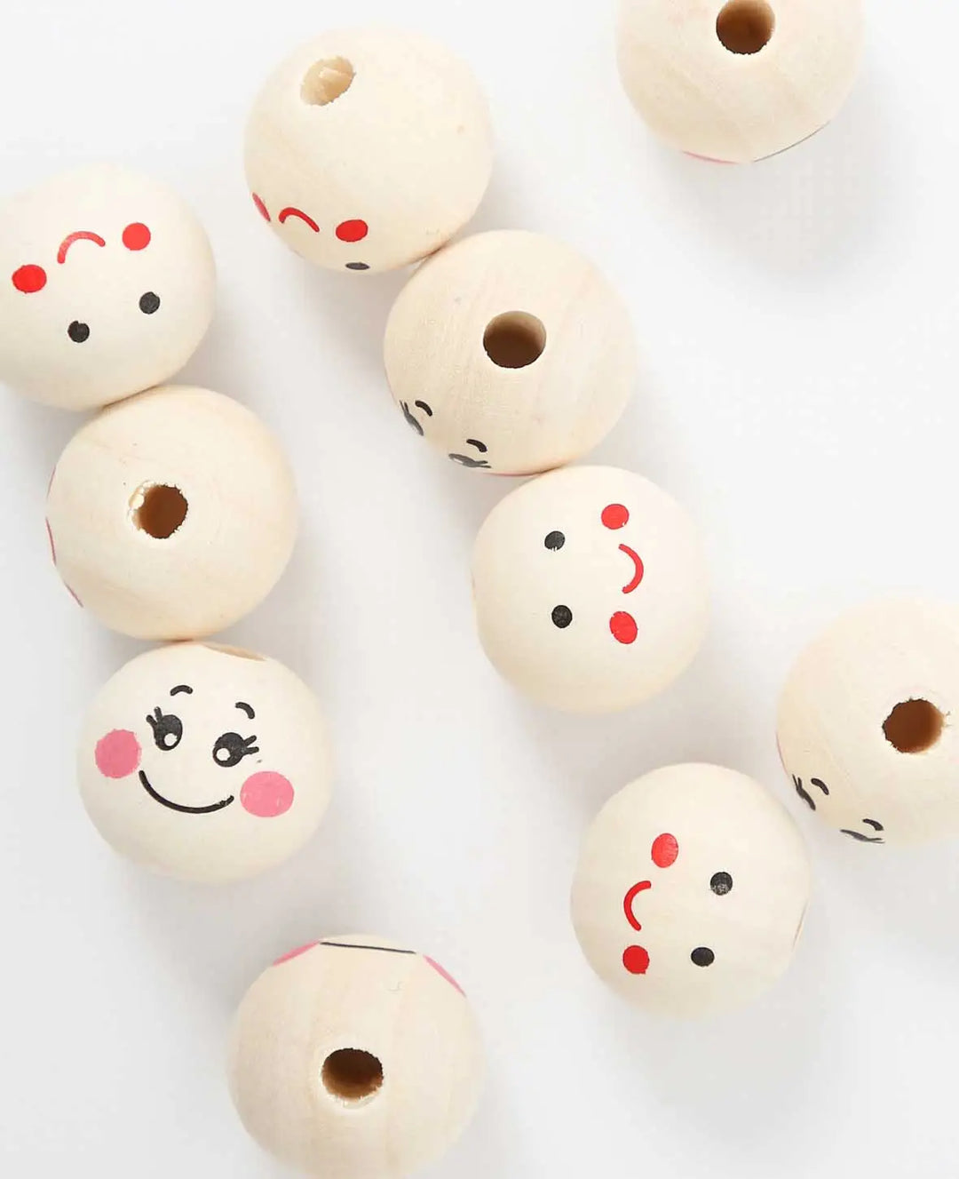 Perles en bois visage souriant, Ø 20 mm, naturel, 2 x 5 pces
