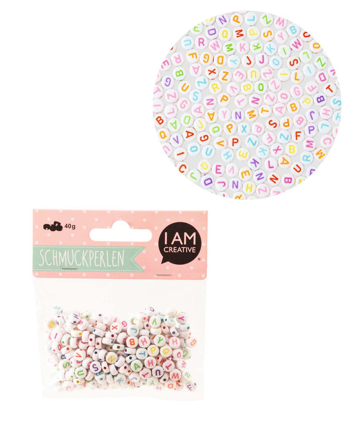 Perles fantaisie – Lettres rondes, blanc/multicolore, 6 mm, 40 g