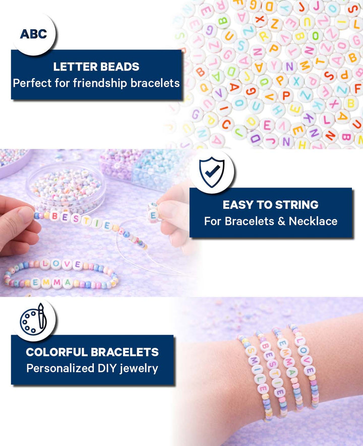 Perles fantaisie – Lettres rondes, blanc/multicolore, 6 mm, 40 g