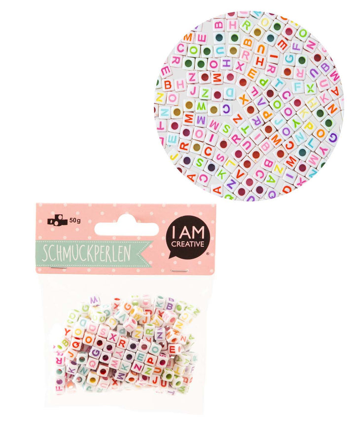 Perles fantaisie – Lettres anguleuses, blanc/multicolore, 6 mm, 50 g