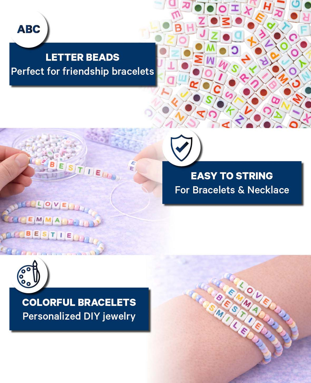 Perles fantaisie – Lettres anguleuses, blanc/multicolore, 6 mm, 50 g