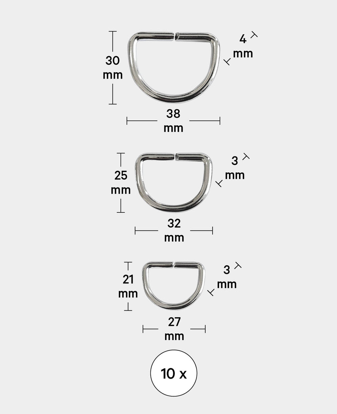 D-ring, silver, 32 x 22 mm, 6 pcs.