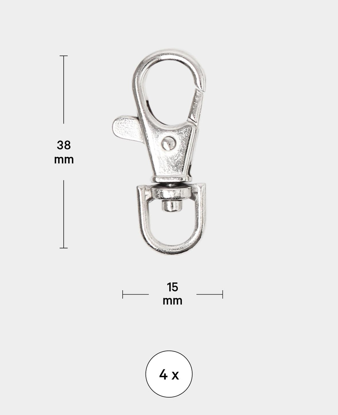 Karabiner mit Drehgelenk, Silber, 38 x 15 mm, 4 Stk.
