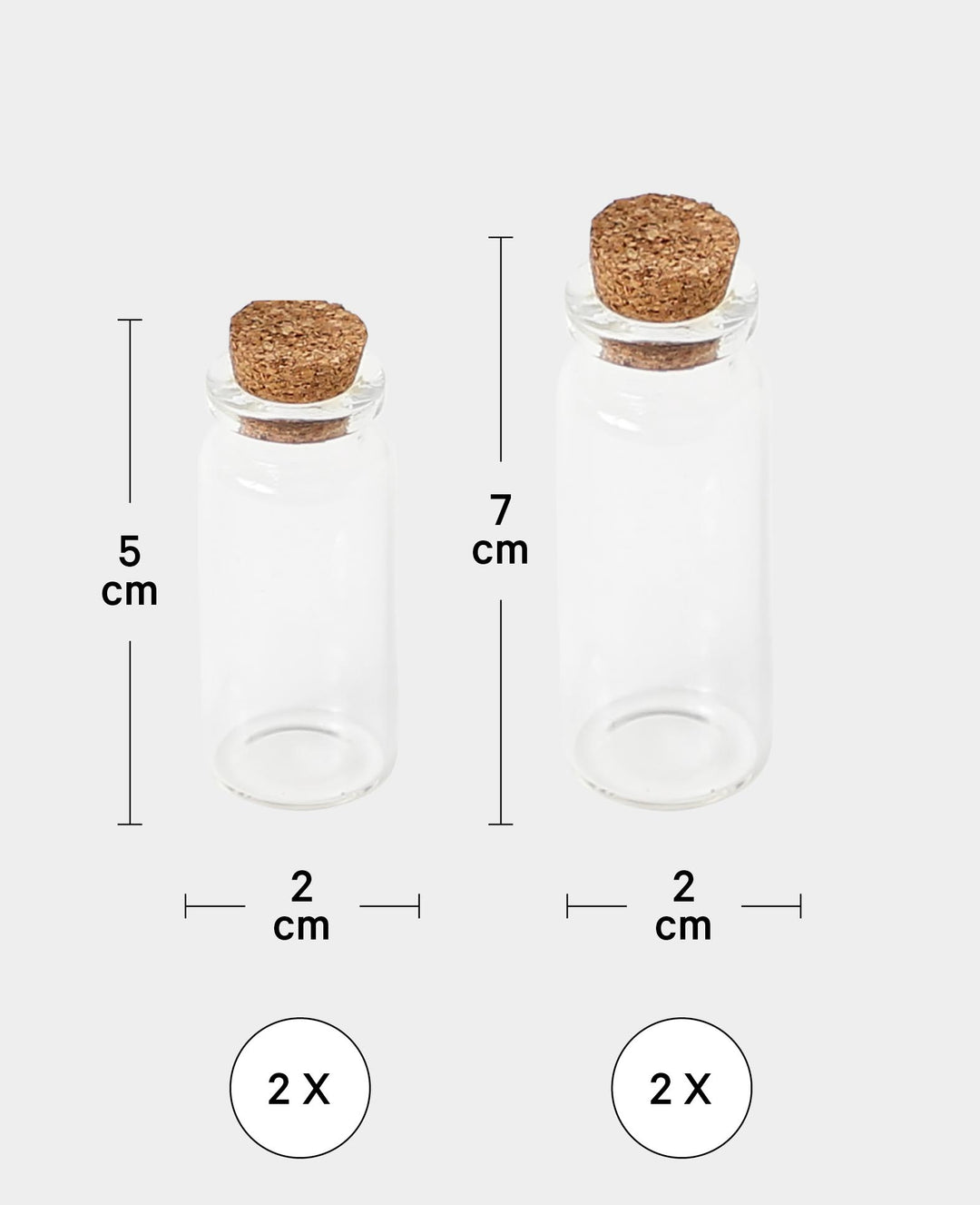Mini bouteilles avec bouchon en liège, ø 2 x 5 cm &amp; ø 2 x 7 cm, Transparent, 4 pcs