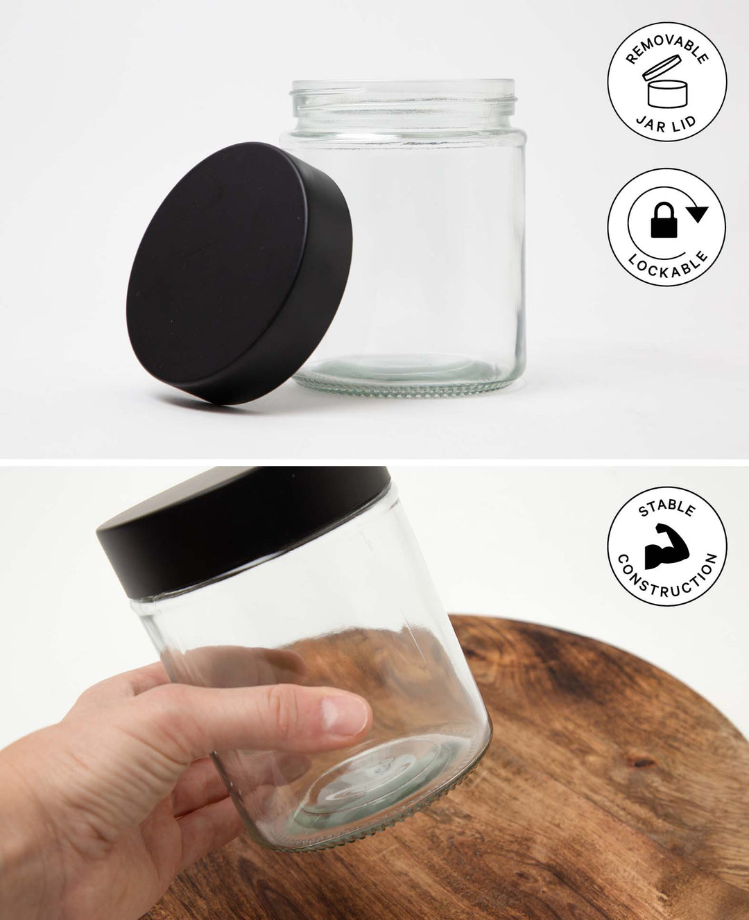 Glass with lid, ø 10 x 12.7 cm, decorative glass for filling with black screw cap, storage or decorative glass