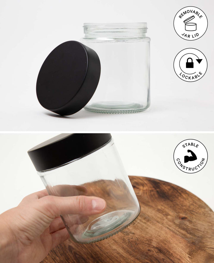 Glass with lid, ø 10 x 12.7 cm, decorative glass for filling with black screw cap, storage or decorative glass