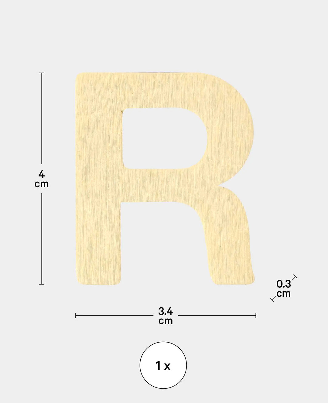 Wooden letter R, 3.4 x 0.3 x 4 cm, brown, 1 pc.