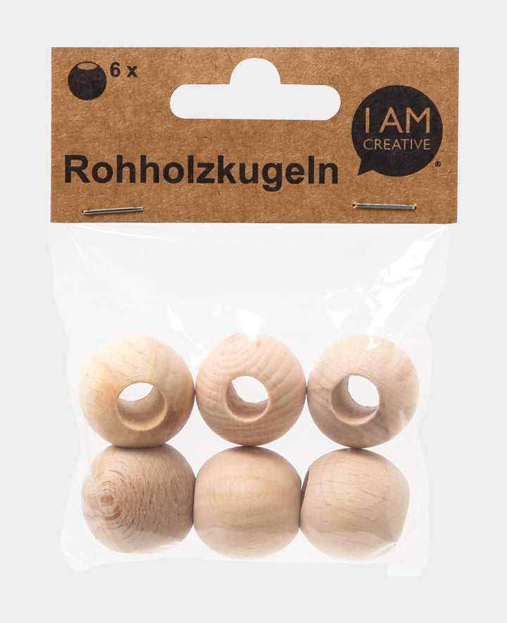 Raw wooden spheres, wooden beads with a large hole made of untreated wood, natural, ø 25 mm, 6 pcs.