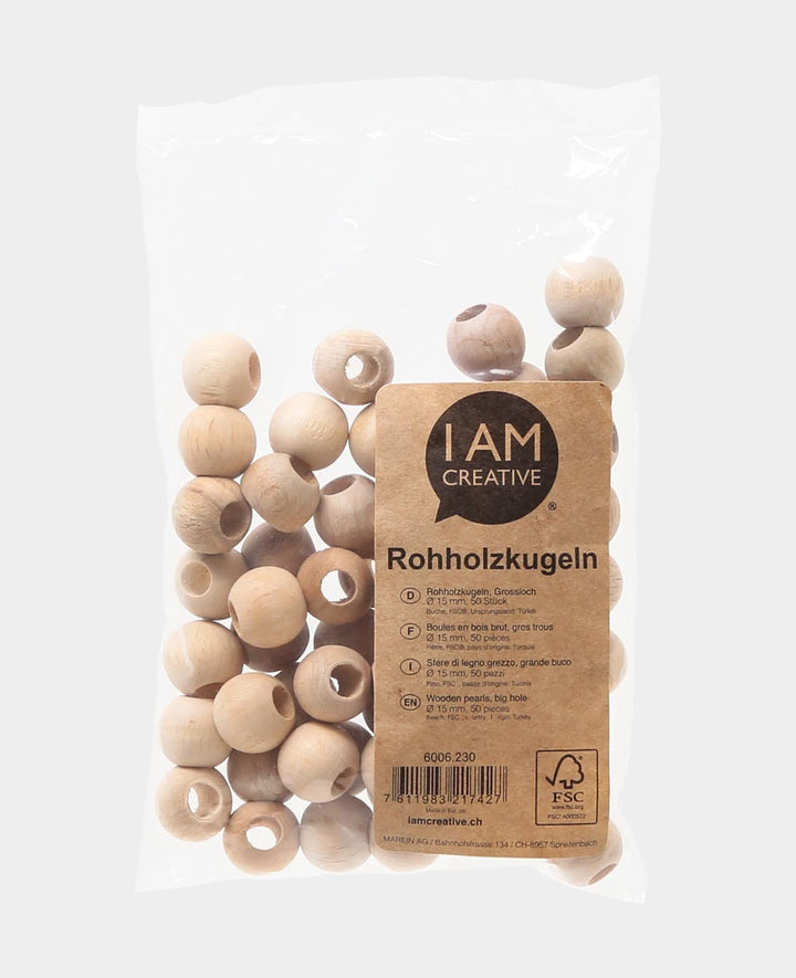Raw wooden balls, wooden beads with large hole made of untreated wood, natural, ø 15 mm, 50 pcs.