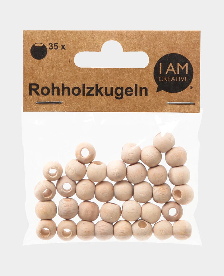 Raw wooden balls, wooden beads with large hole made of untreated wood, natural, ø 10 mm, 35 pcs.