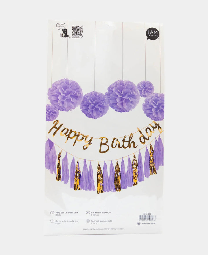 Party Decoration Set, Pom Poms, Happy Birthday Banner and Tassel Garland for Hanging, ideal for Birthdays, in lavender/gold, 8 pieces