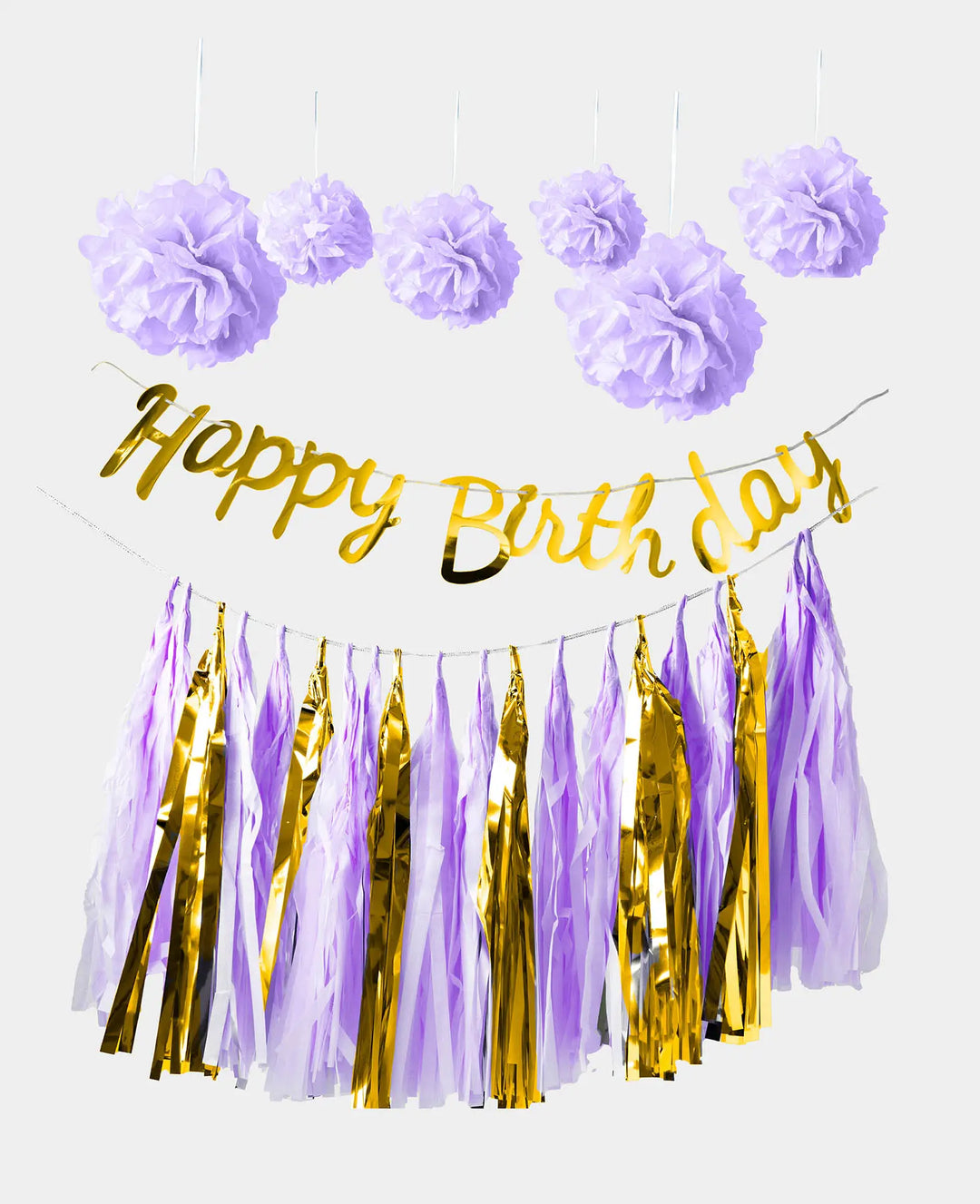 Party Decoration Set, Pom Poms, Happy Birthday Banner and Tassel Garland for Hanging, ideal for Birthdays, in lavender/gold, 8 pieces