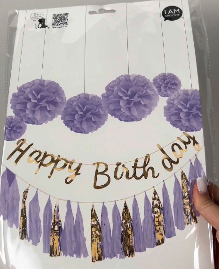 Party Decoration Set, Pom Poms, Happy Birthday Banner and Tassel Garland for Hanging, ideal for Birthdays, in lavender/gold, 8 pieces