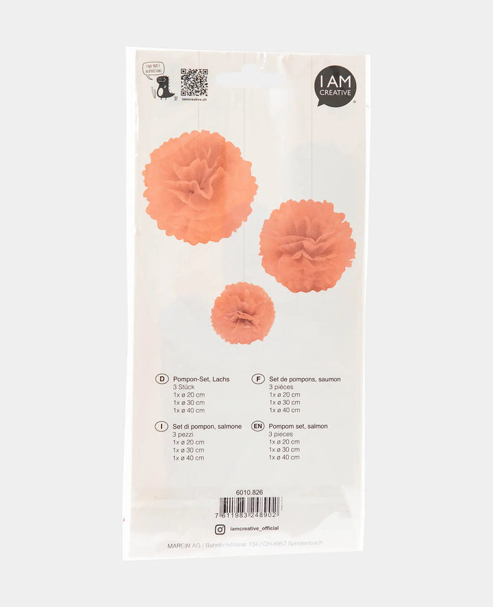 Hanging Pom Pom Set, Tissue Paper, Salmon, ø 20, 30, 40 cm, 3 Pieces