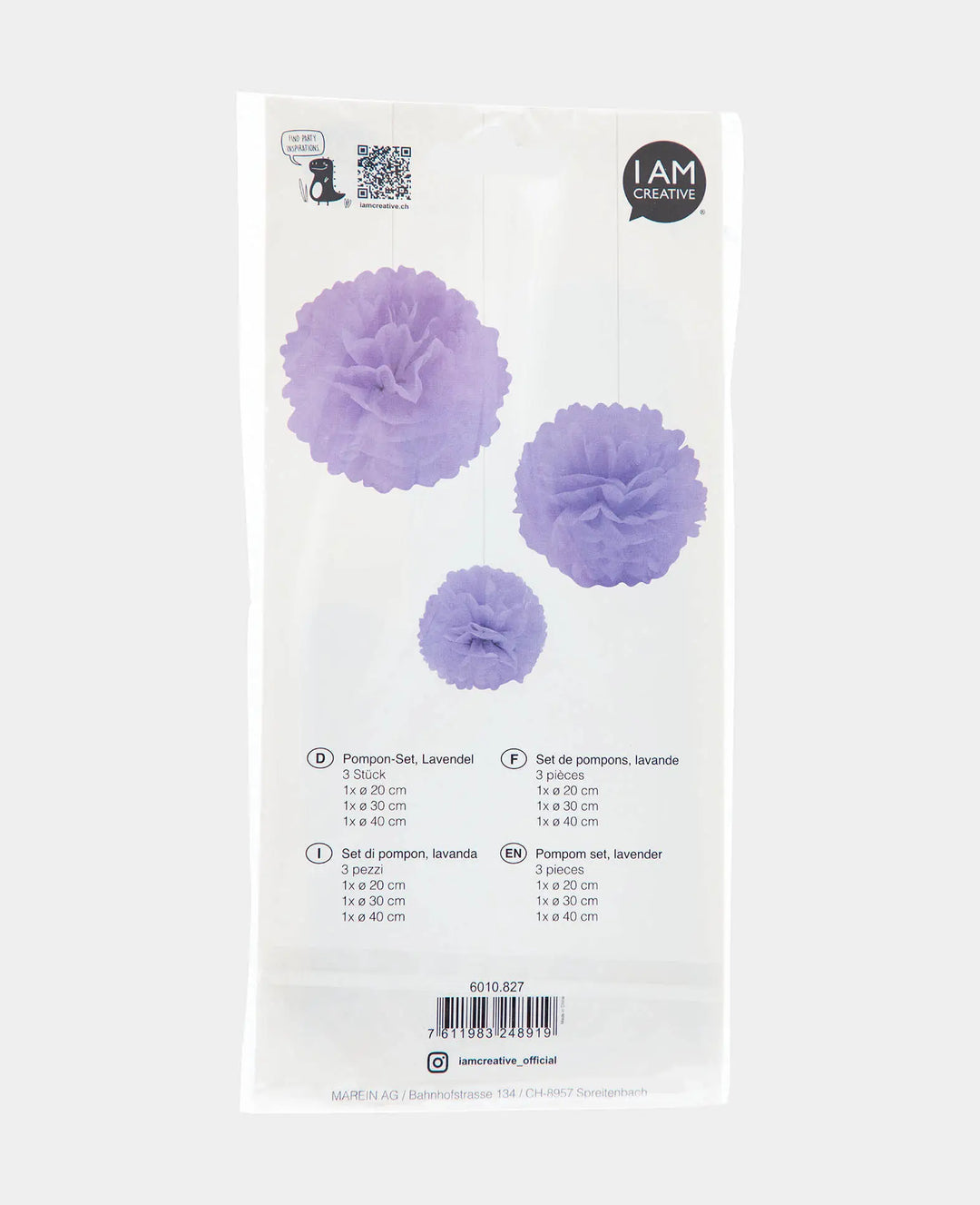 Pom-pom set for hanging, tissue paper, lavender, ø 20, 30, 40 cm, 3 pieces