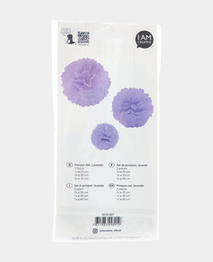 Pom-pom set for hanging, tissue paper, lavender, ø 20, 30, 40 cm, 3 pieces
