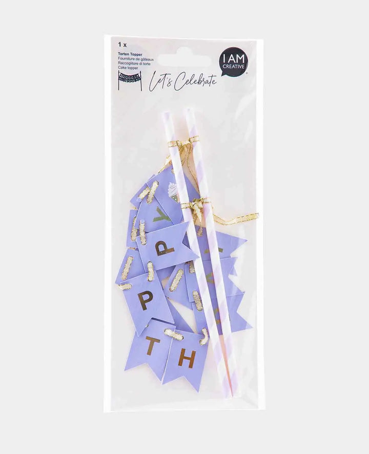 Torten Topper Birthday, Kuchendekoration, lavendel/gold, 28 x 19,5 cm