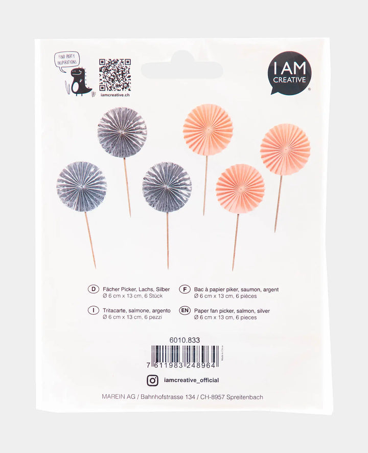 Fächer Picker, dekorative Picks für Torten, Cupcakes, Apéro-Gebäcke etc., ideal für Partys, lachs/silber, ø 6 x 13 cm, 6 Stück