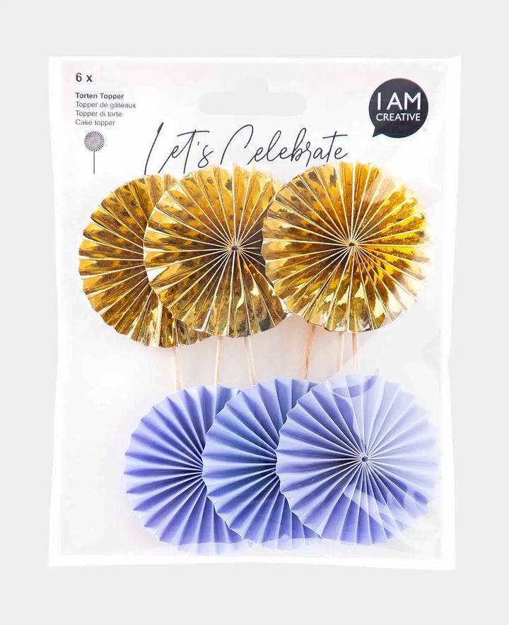 Fan Picks, decorative picks for cakes, cupcakes, aperitif pastries etc., ideal for parties, lavender/gold, ø 6 x 13 cm, 6 pieces