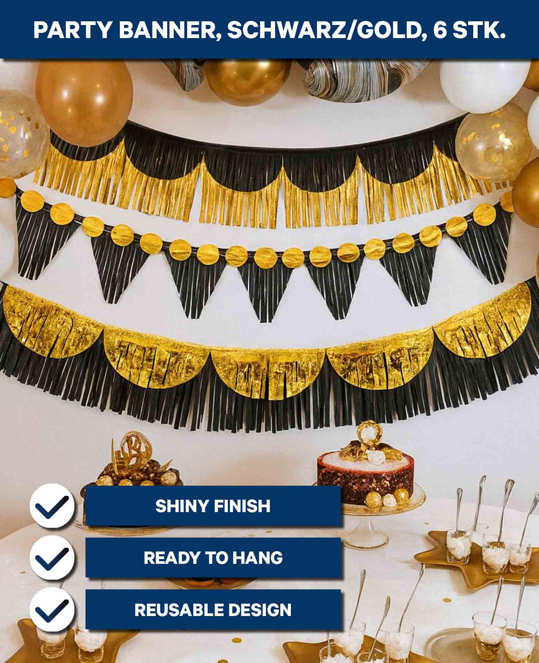 Party Banner, schwarz/ gold, 6 Stk.