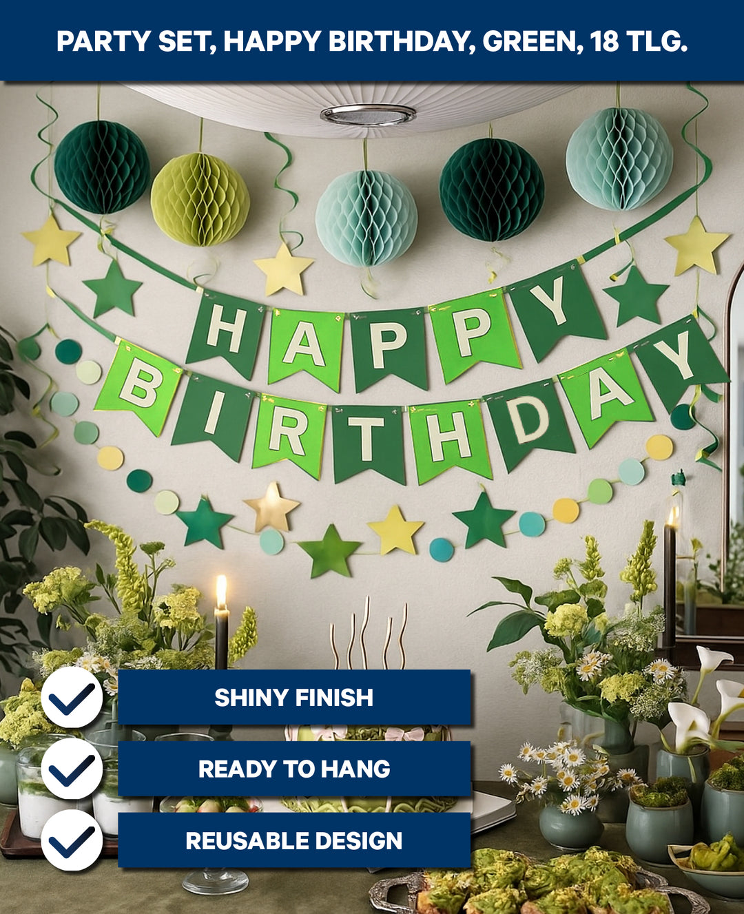 Party Set, Happy Birthday, Green, 18 pcs.