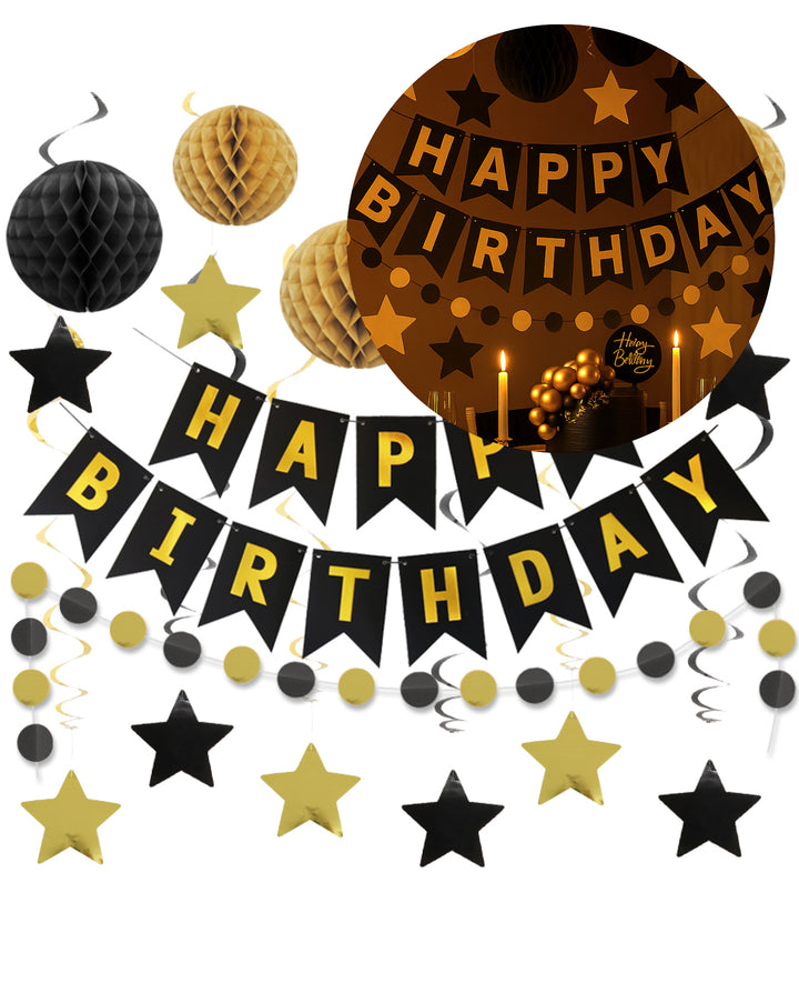Kit de fête, Joyeux Anniversaire, noir/doré, 18 pièces.
